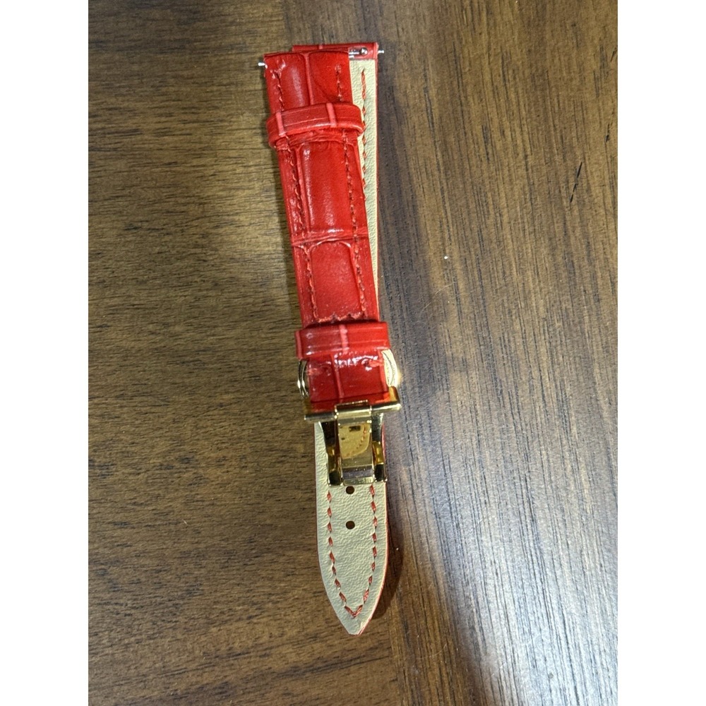 Leather Band Deployment Buckle Watch "Leather Strap,‎ Red/gold Size 16
